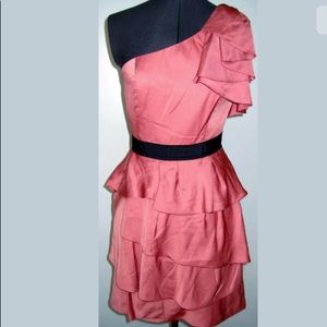NEW BCBGMAXAZRIA DUSTY ROSE PINK SATIN DRESS ONE SHOULDER RUFFLE TIERED 4 NWT